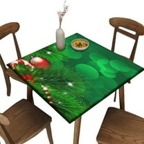 Elastic Edge Fitted Square Tablecloth, Green Christmas Pattern Printed on Stain Resistant Polyester Table Cloth, Great for Outdoor Home Kitchen/Parties/Holiday Dinner, Fit for 32" x 32"square table