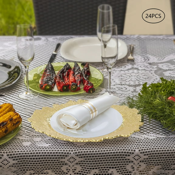 Set of 24 Gold Charger Plates – 13-Inch Durable PP with Coral Reef Texture & Petal Rim, Elegant Spill-Proof Dinner Plate Frames for Weddings & Events