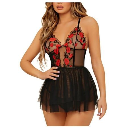 

OVTICZA Babydoll Lingerie for Women Chemise See Through Spaghetti Strap Sleepwear Embroidery Mesh Teddy Black M