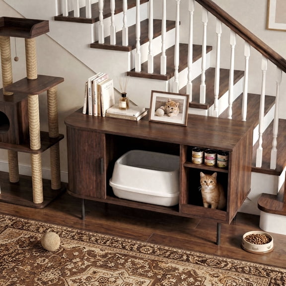 Naipo 37.4-inch Cat Litter Box Enclosure with Litter Mat&Sliding Door,2-in-1 Hidden Cat Litter Furniture with Storage Compartment,Walnut