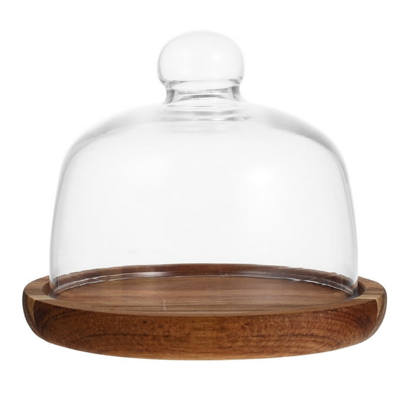 Soimiss Covered Cake Stand with Glass Lid and Natural Wood for Home Dessert Display