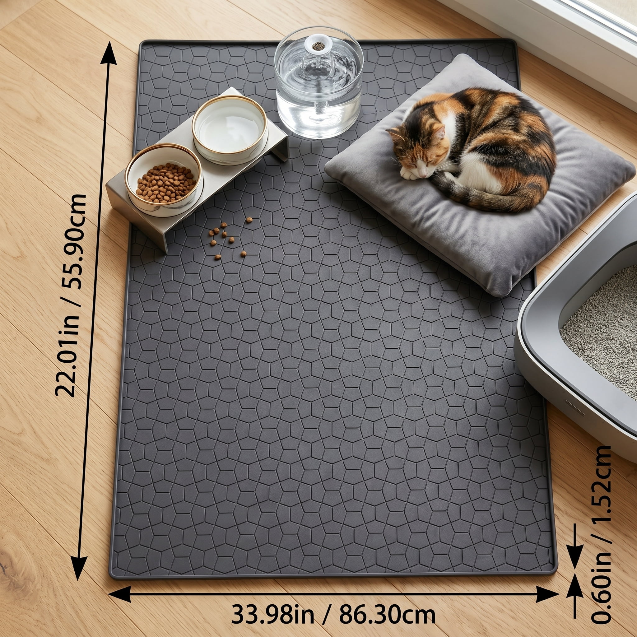CACAGOO Large 34" X 22" Cat Litter Mat, Waterproof Silicone Pad for Floor, Thickened Silicone Cat Litter Mat Easy Clean Mat for Cat Feedi, Black