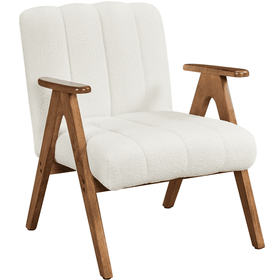 Renwick Mid Century Boucle Accent Chair with V-Shaped Solid Wood Legs for Living Room, White