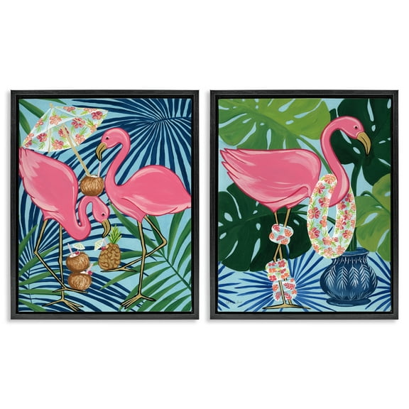 Stupell Industries Happy Hour Flamingos Animals Painting Black Floater Framed Canvas Art Print Wall Art, 17 x 21, Set of 2