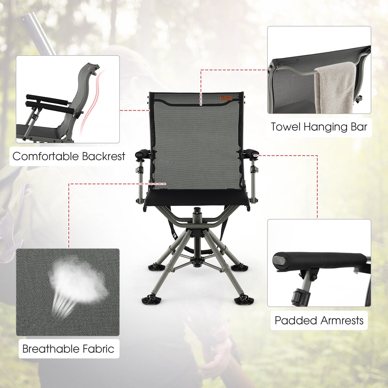 Amijoy 360 Degree Silent Swivel Hunting Chair, Folding Height Adjustable Hunter Chair w/All-terrain Feet Pads, Padded Armrests, Portable Blind Chair