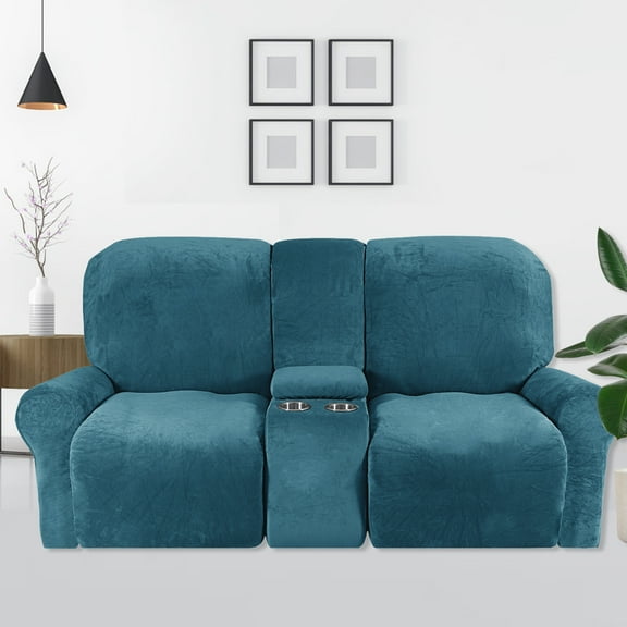 SHANNA Reclining Loveseat Cover with Middle Console Slipcover, 8-Piece Velvet Stretch 2-Seater Recliner Sofa Covers,Peacock Blue