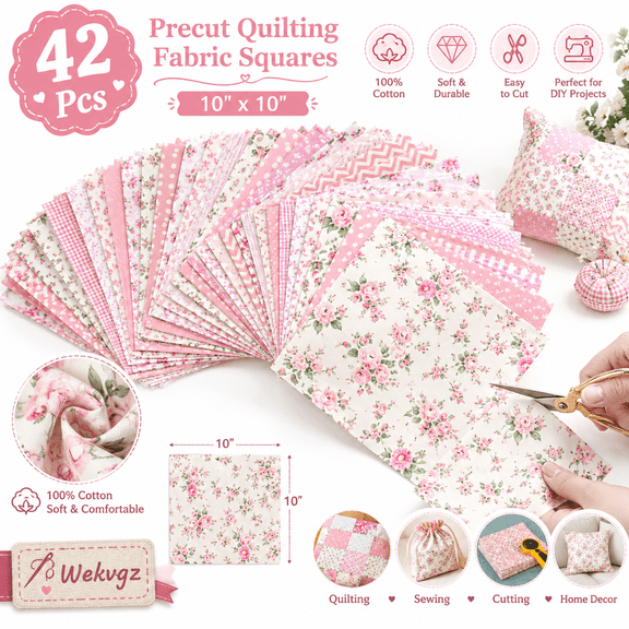 42Pcs 10"x10" Quilting Fabric Squares Precuts 100% Cotton Floral Fabric Bundles for Patchwork, Sewing and DIY Crafts Style 4