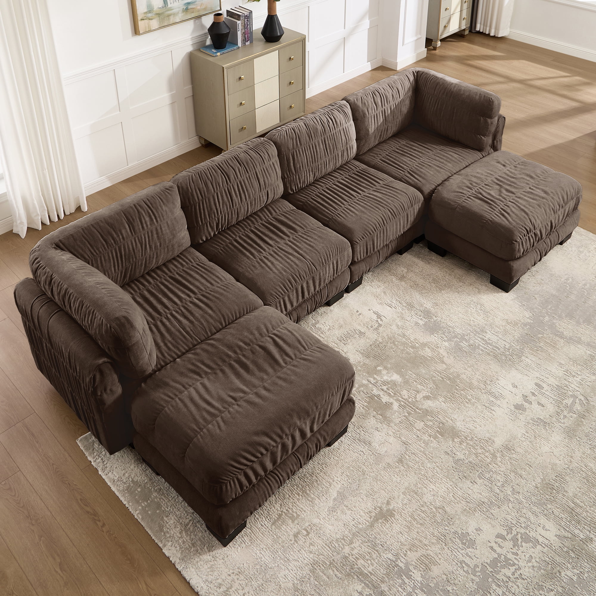 140" U Shape 4 Seat Ruched Chenille Modular Sectional Sofa with 2 Movable Ottomans,Easy Assembly