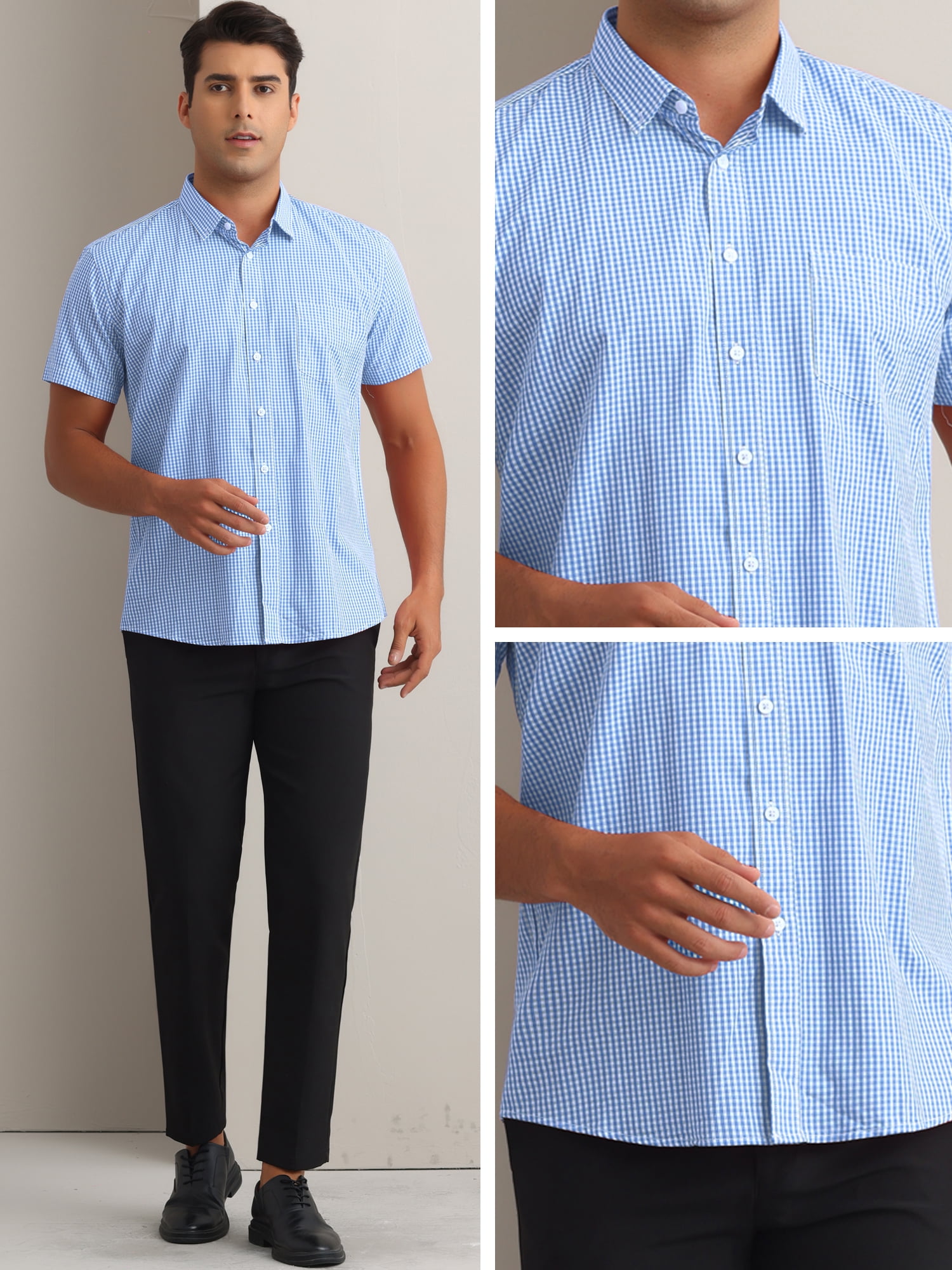 DARING DIVA Men's Gingham Tartan Button Short Sleeve Business Plaid Dress Shirt XL Blue