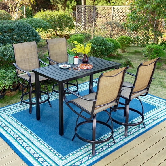SUMMIT LIVING 5-Piece All Weather Outdoor Bar Stool Set with Rectangle Counter Height Table & Patio Swivel Bar Chairs for 4 Person, Black & Brown