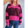 thumbnail image 4 of Chandail d'Automne pour Femmes à Col en V, Manches Longues, à Blocs de Couleur, Décontracté, Ample, Rayé, Rose Rouge G, 4 of 10