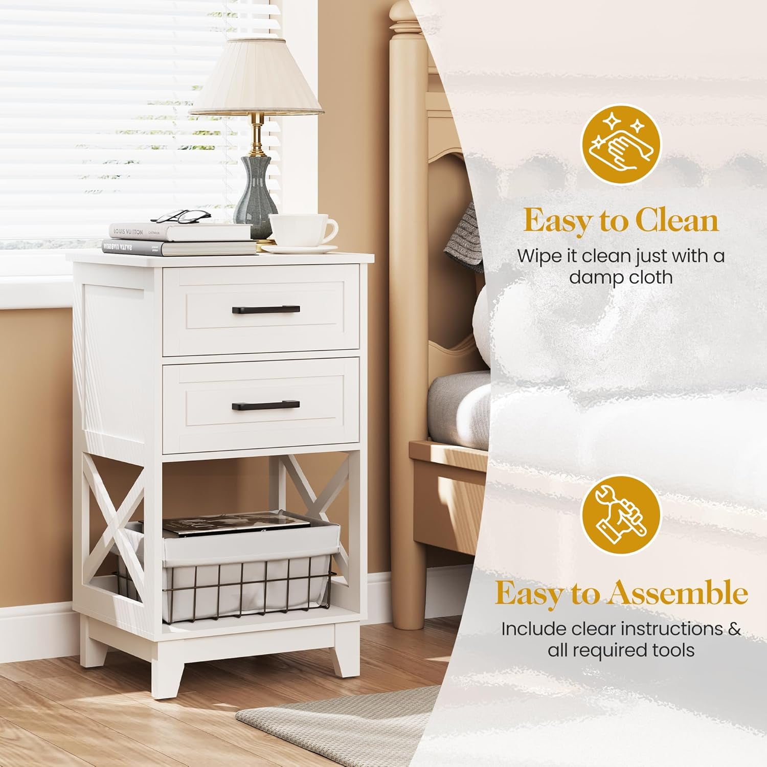 CozyHome Tall Nightstand Set of 1, Side Table with 2 Drawers and Open Shelf Below, Bedside Table with Solid Feet, Modern Night Stand End Table for Bedroom, Living Room, Home Office, White