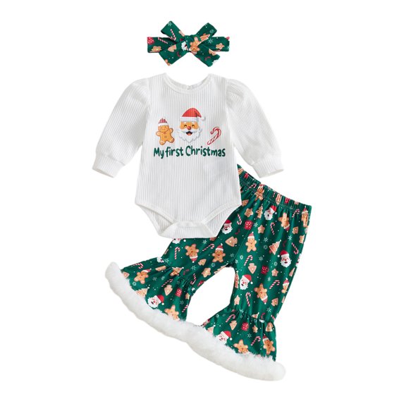 Cjfdfy Newborn Baby Girl Christmas Outfit Christmas Gingerbread Man Printed Long Sleeve Printed Knit Romper Flared Pants Headband Infant Cute First Christmas Fall Winter Outfits