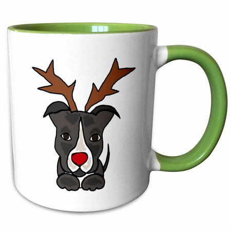 Red Pit Bull - 3dRose Funny Pitbull Dog Dressed as Rudolph Red Nosed Reindeer - Two Tone Green Mug, 11-ounce