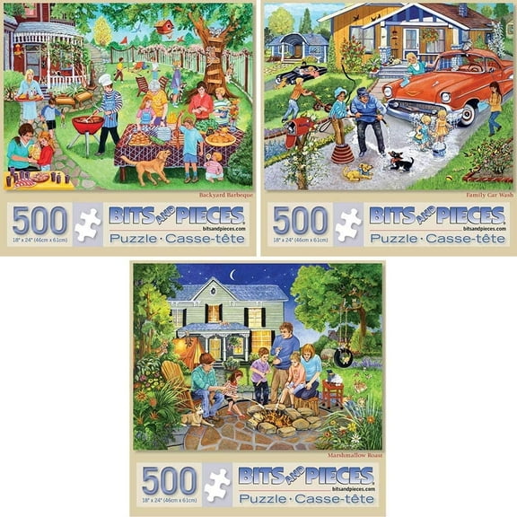 Bits and Pieces Jigsaw Puzzles Family Scene by Sandy Rusinko 500 Piece Set of Three 18" x 24"