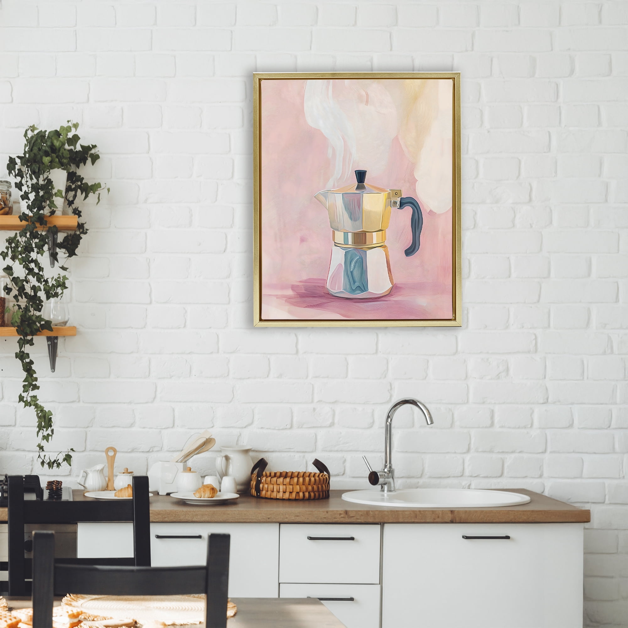Stupell Industries Vintage Coffee Maker on Pink Gold Framed Floater Canvas Wall Art, design by The Prints Vibe