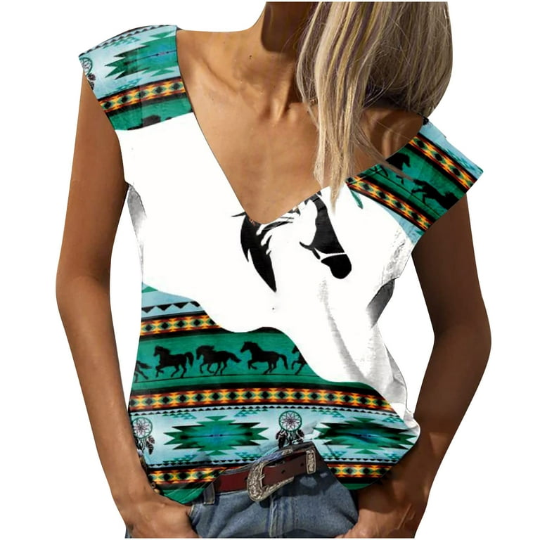 Wycnly Summer Tank Tops Geometric Print V-Neck Sleeveless T Shirts for  Women Vintage Western Graphics Breathable Loose Ladies Vest Blouse Green xl