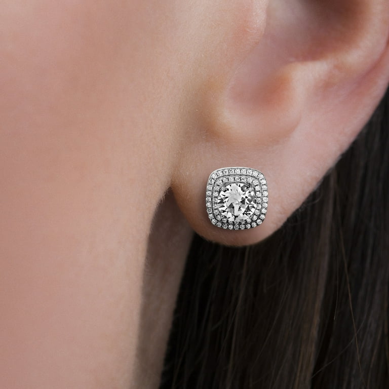 Lesa Michele Faceted Crystal Double Halo Square Shaped Stud Earrings in Rhodium Plated Sterling Silver Made With Swarovski Crystals for Women
