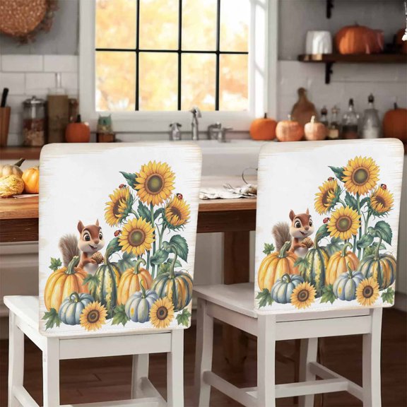 Thanksgiving Chair Covers Set of 6 Fall Cute Squirrel Sunflower Pumpkin Chair Back Covers Stretch Removable Washable Slipcovers Protector for Dining Room Kitchen Party Decor