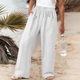 thumbnail image 4 of Htigea Womens Straight Leg Gauze Pants Elastic Waist Cotton Linen Slacks Summer Lightweight Beach Vacation Pant with Pockets White S, 4 of 6