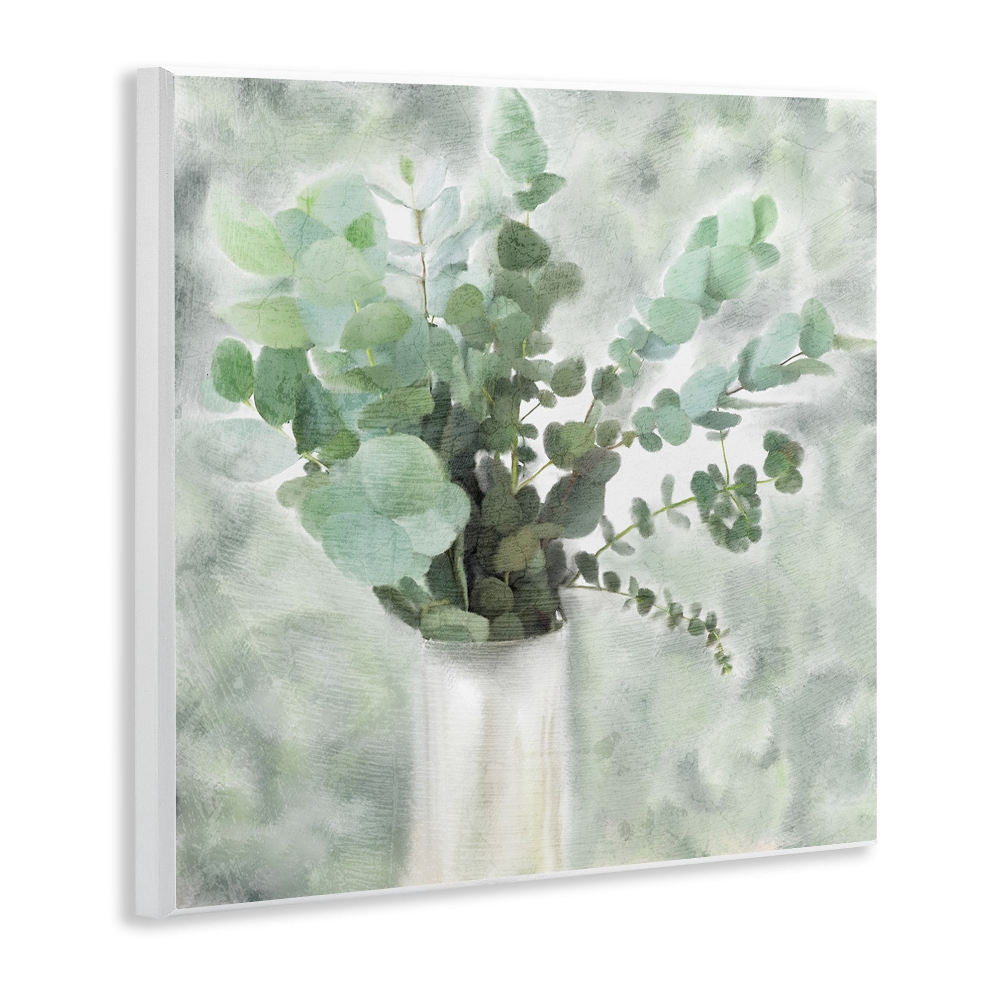The Stupell Home Decor Sage Green Painterly Eucalyptus In White Vase Wall Plaque Art