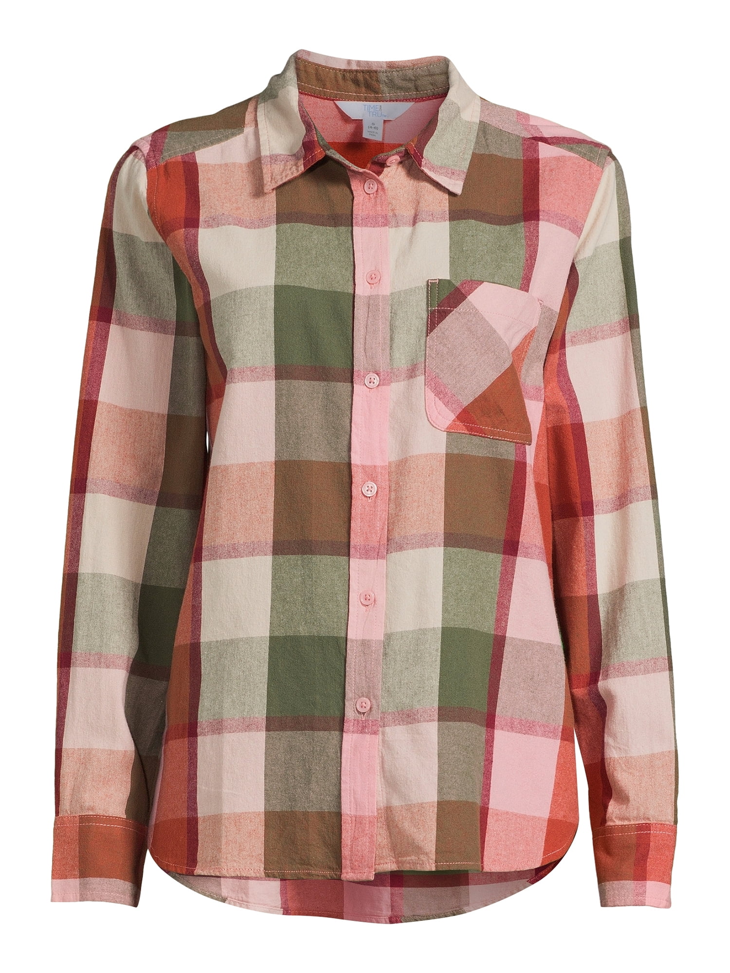Time and Tru Women's Button Down Flannel Shirt with Long Sleeves, Sizes XS-3XL