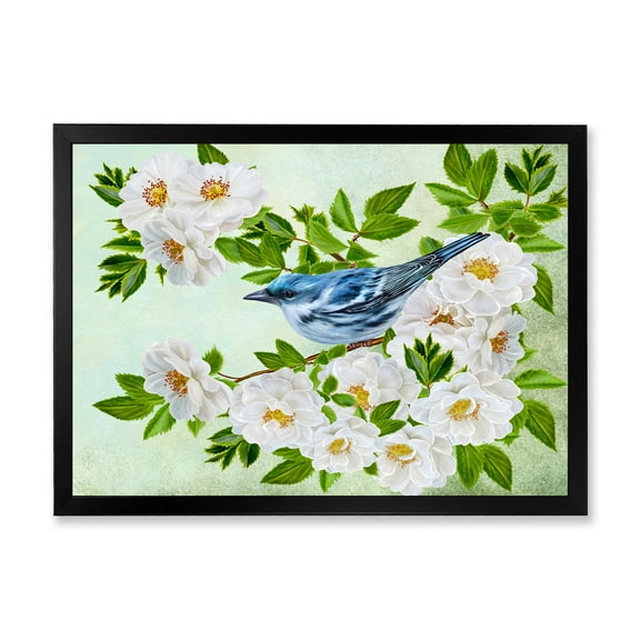 Designart 'Little Blue Bird Sitting On A Branch of White Rose Plant' Traditional Framed Art Print