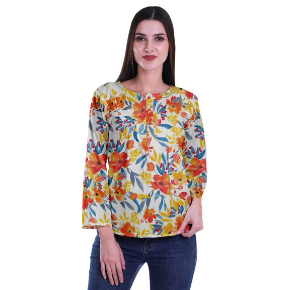 Moomaya Printed Button Placket Full Sleeve Top Round Neck WoMen's Casual Summer Tunic
