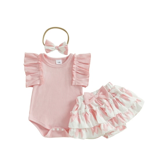 Baby Toddler Girls 3Pcs Summer Outfit 3 6 12 18 Months Short Sleeve Romper Bow Ruffle Shorts Headband Set Infant Clothes