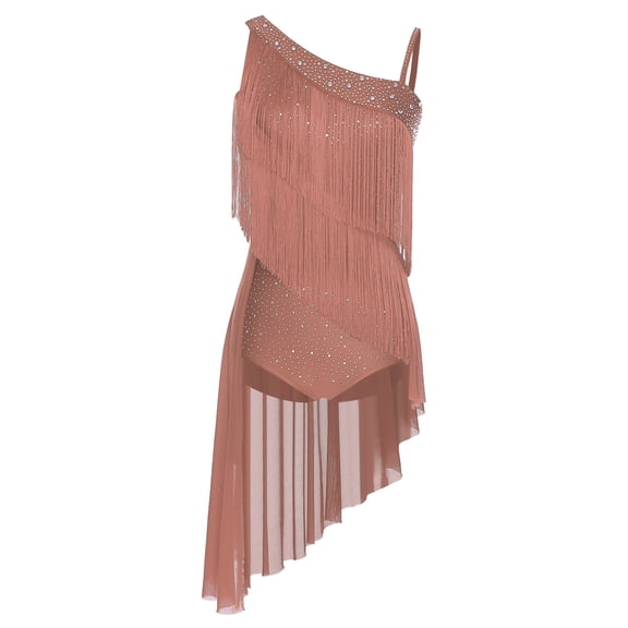 Sholeno Womens Latin Tango Dance Dress Asymmetrical Shoulder Tassel Ballroom Performance Outfit Dusty Pink XXL