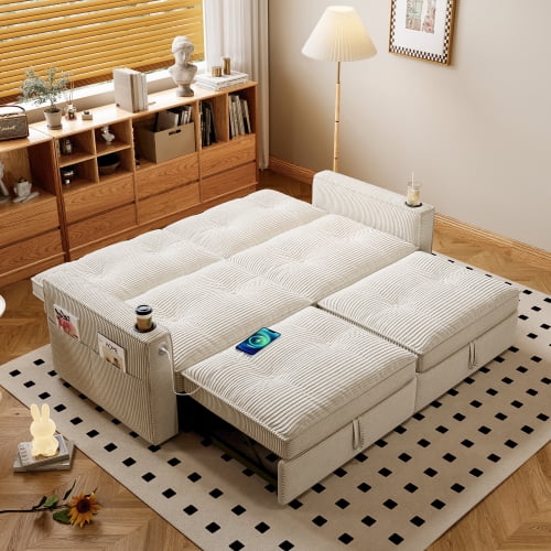 73" 2-in-1 Convertible Sofa Bed, Corduroy Two-Seater Sleeper Sofa with Pull-Out Guest Bed, Steel Frame, for Living Room, Bedroom, Apartment & Dorm, White
