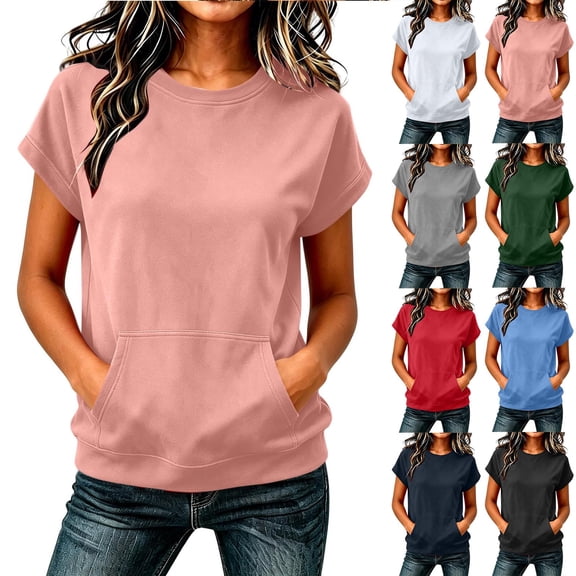 ibuvkizy Womens Hoodless Sweatshirts Cuffed Cap Sleeve Crew Neck Front Kangaroo Pocket Loose Fit Pullover Casual Athletic Workout Layering Tops Solid Colors for Yoga Running,L