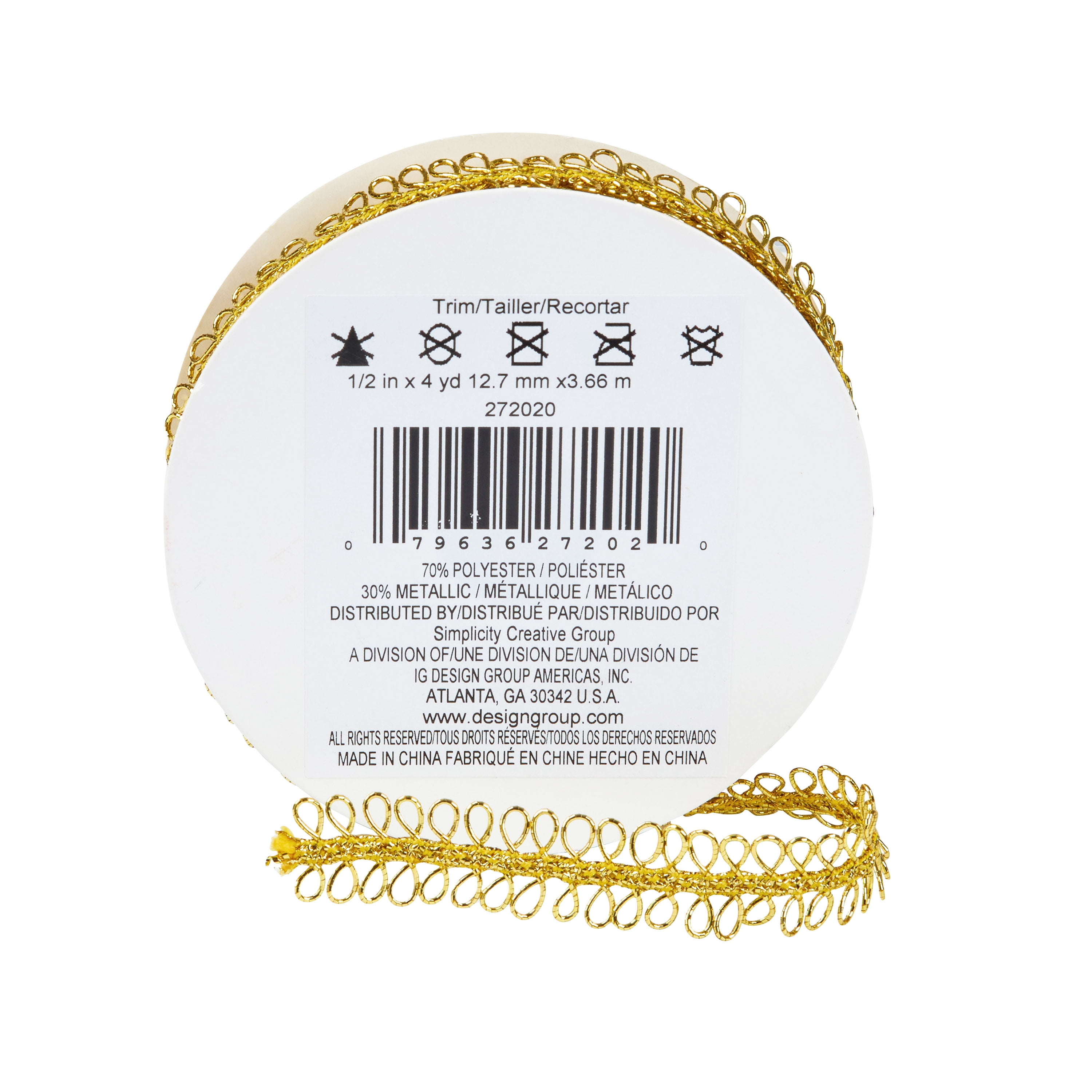 (3 pack) Simplicity Trim, Gold 1/2 inch Double Loop Gimp Trim Great for Apparel, Home Decorating, and Crafts, 4 Yards, 1 Each