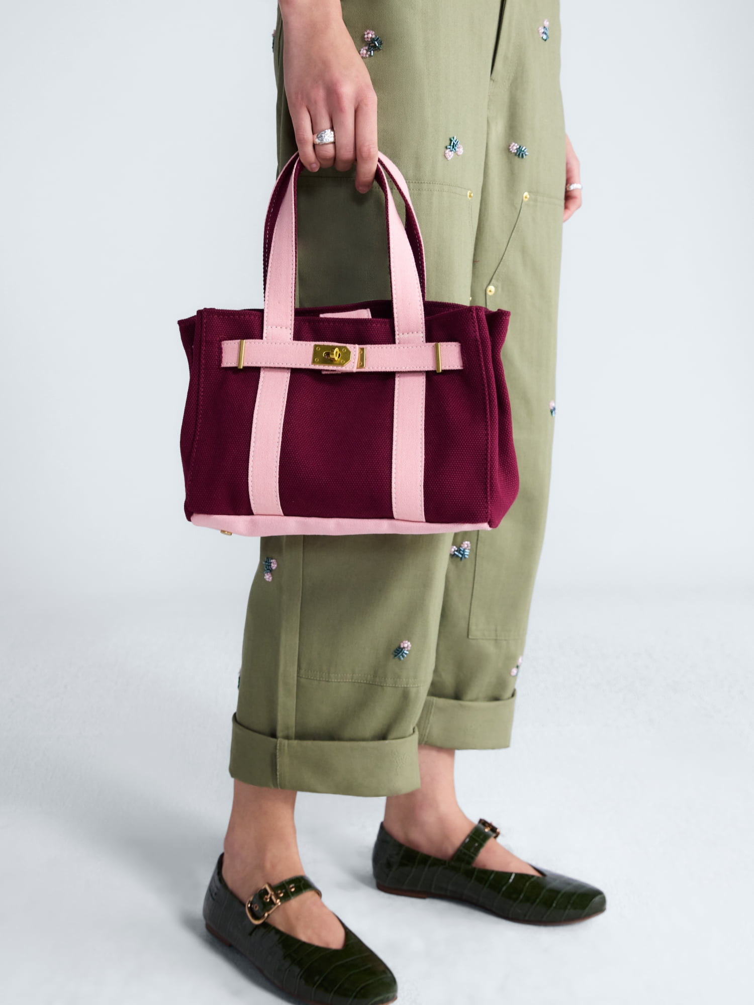 Free Assembly Women's Small Canvas Tote Handbag, Merlot Wine/Pink