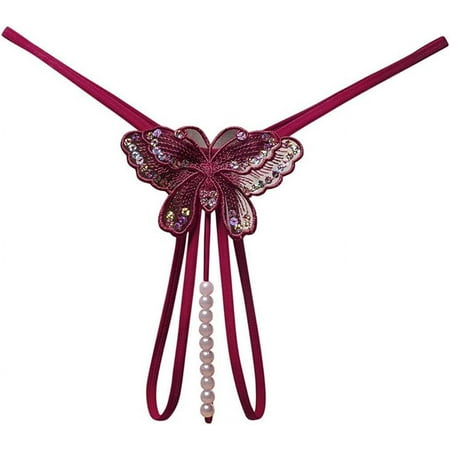 XiaoBanDeng Fashion Women Sexy Underwear Cutout Pendant Pearl Beads Embellished Lace Butterfly G-String Thong Underpants