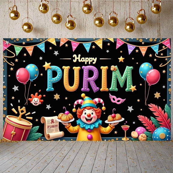 Golden Mask Purim Banner Purple Crown Festive Backdrop Rainbow Design Colorful Stars Celebration Background for Purim Festival Party Decoration Photo Backdrop