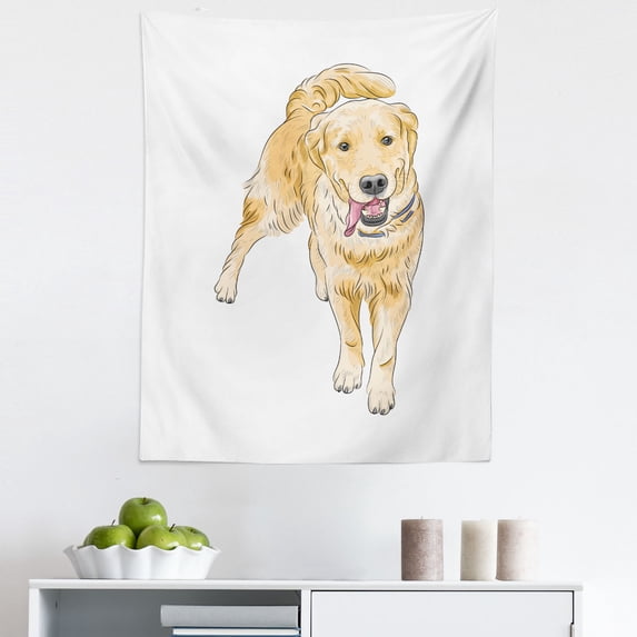 Yellow Lab Tapestry, Happy Labrador Retriever Cartoon Drawn Playful Pet Animal Waving Tail, Fabric Wall Hanging Decor for Bedroom Living Room Dorm, 5 Sizes, Pastel Brown White, by Ambesonne