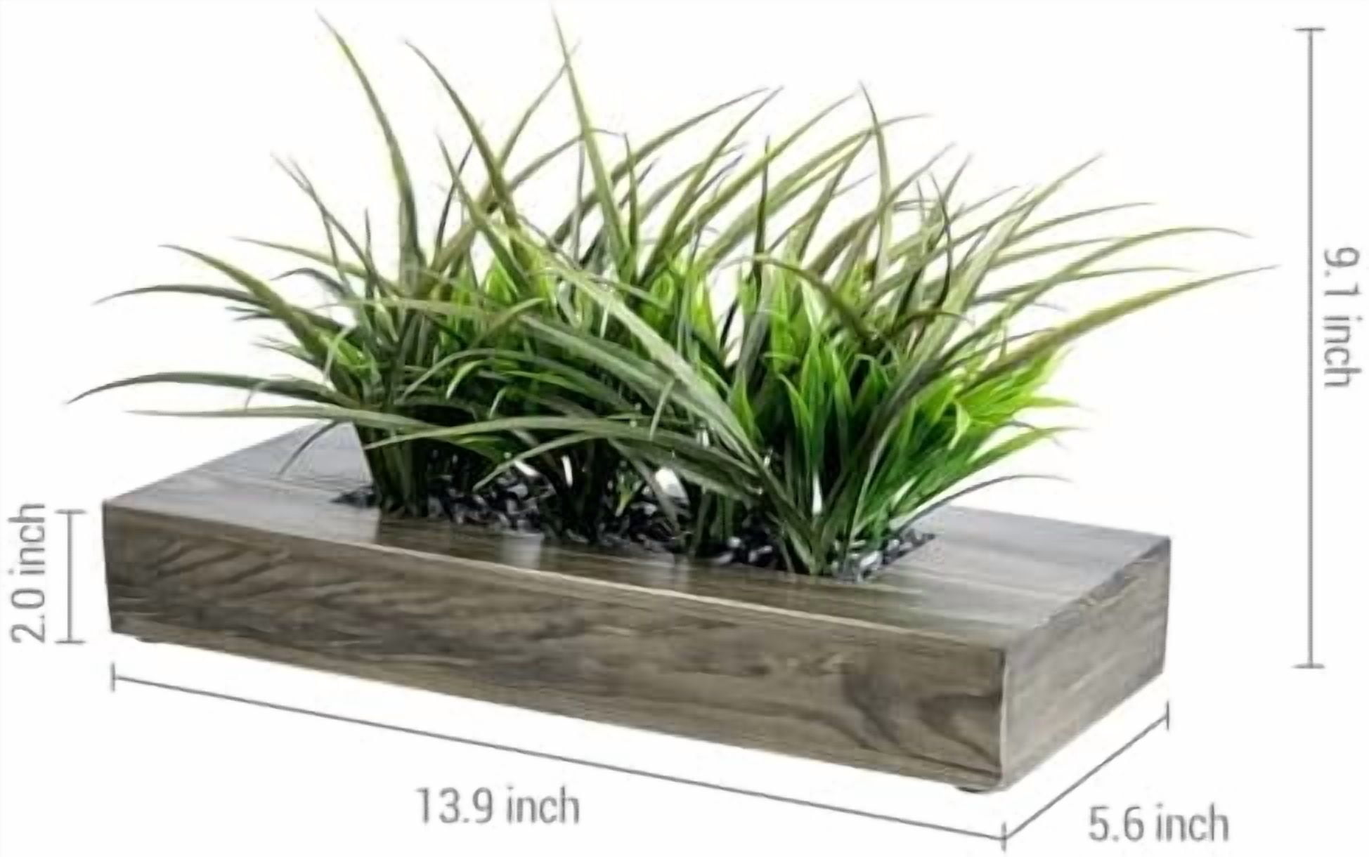 Large Artificial Green Grass Plants Potted in 14 Inch Vintage Weathered Gray Solid Wood Rectangular Planter Box, Decorative Tabletop Faux Greenery Centerpiece Décor
