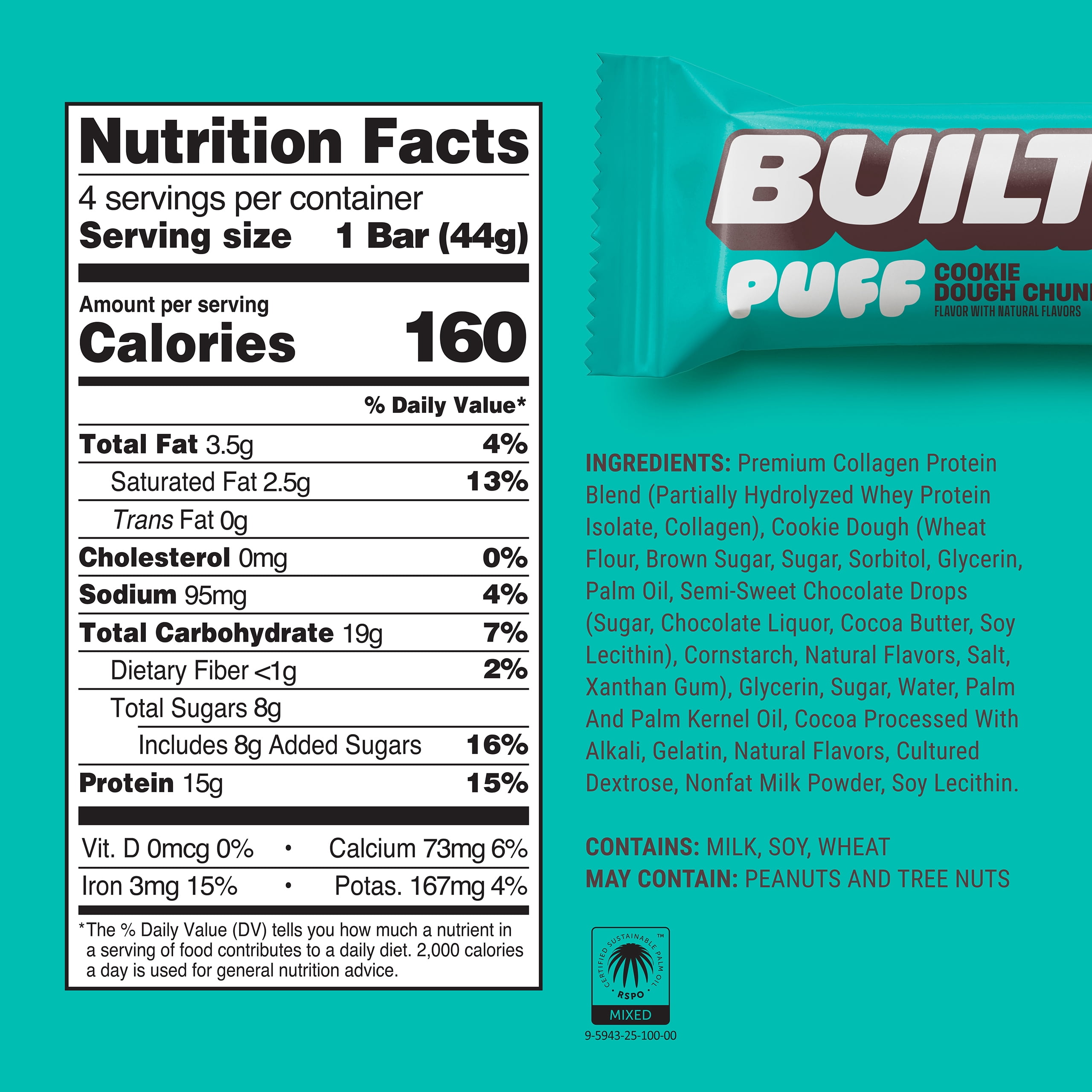 BUILT Puff Protein Bar, Cookie Dough Chunk, 15g Protein, Collagen, 160 Calories, 4 Count Box, 1.55 oz Bars