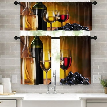 Wine Kitchen Curtains Farmhouse Window Curtains Valance and Tier Set 36 Inch, Vintage Rod Pocket Short Tier Curtain, Retro Rural Small Cafe Curtains for Kitchen Decor