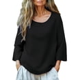 thumbnail image 2 of Endives Women's Cotton Linen Shirt 3/4 Sleeve Round Neck Solid Color Loose Top Womens Blouse Summer T Shirt Top Black, 2 of 5