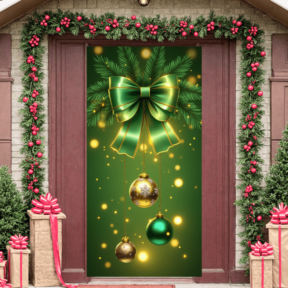 Decorative Design Christmas Banner Gold Ornaments Green Bow for Holiday Decoration Festive Party Indoor Celebration