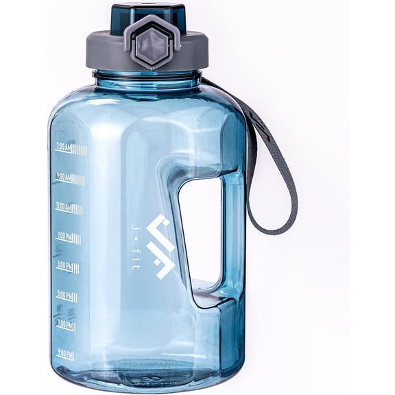 JFIT BPA Free Reusable Sports Water Bottle w/Time Markers, Leakproof Flip-Top Lid & Carry Strap – Durable PETG, 2.28" Wide-Mouth for Ice – Eco-Friendly, Odor-Free & Easy to Clean