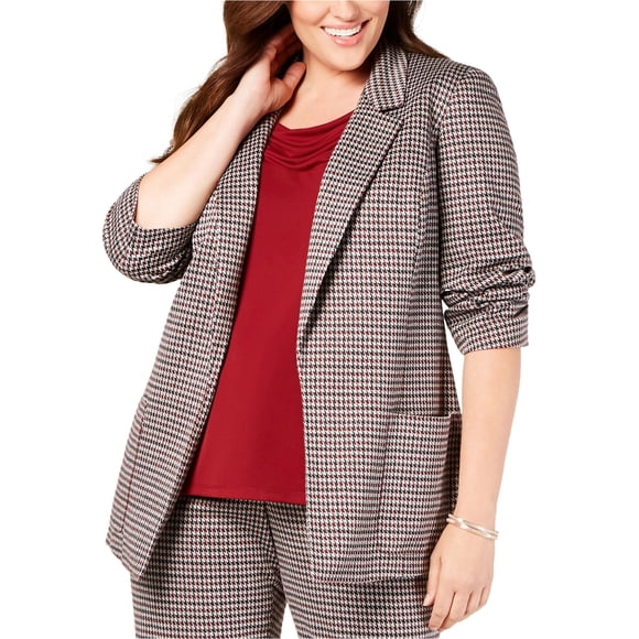 Nine West Womens Houndstooth Blazer Jacket, Red, Plus Size, 1X