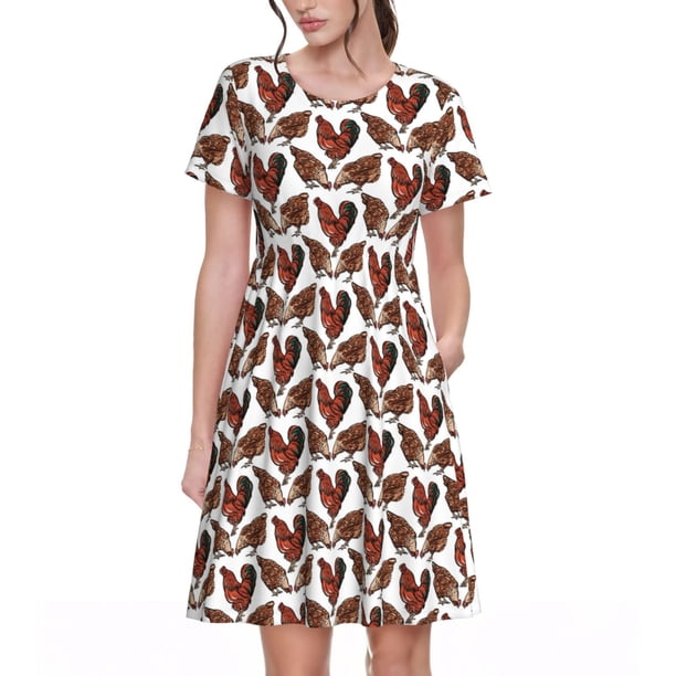 Easygdp A Rooster With Chickens para Vestido Transpirable de Mujer, Vestido Suelto de Manga Corta con Pliegues y Bolsillos para el Verano