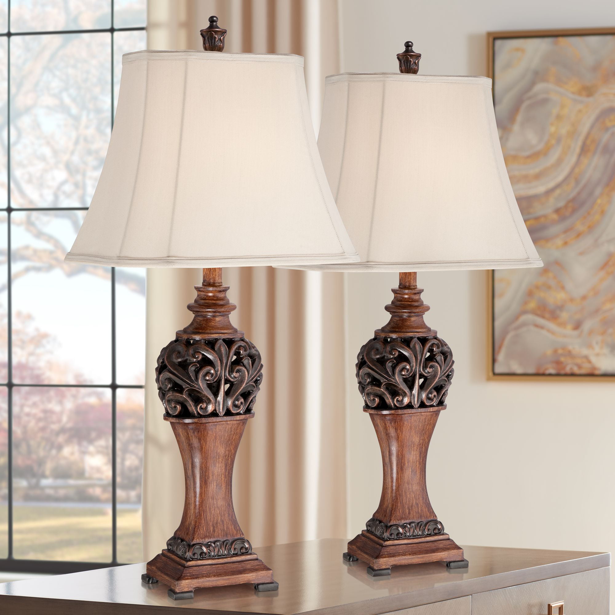 Regency Hill Traditional Table Lamps, Vintage Wooden Carved Table Lamp Shade