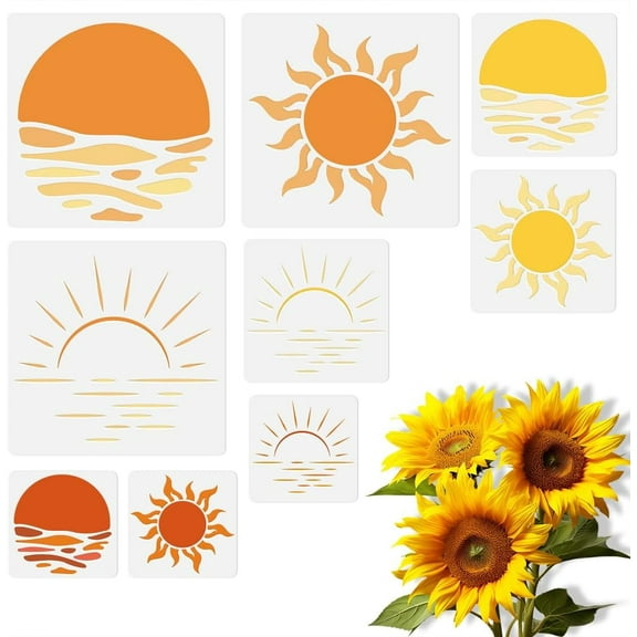 9Pcs Sun Wall Stencil Templates Reusable Plastic Large Medium Small Sun Stencils for Painting on Wood Wall Floor Tile Fabric Glass Furniture DIY Home Decor or Craft Stencil 1set