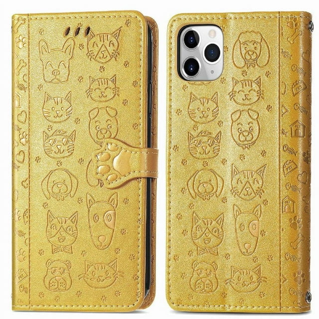 Funda Cartera FOXDOCK para iPhone 11 Pro , Flip PU con Relieve de Gatos y Perros, Tarjetero y Soporte