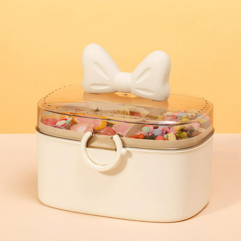 Hair Accessories Storage Box, Multipurpose with Handle, Multi Compartment with Removable Tray Container for Hair Tie Clips Barrette Bows Girl White