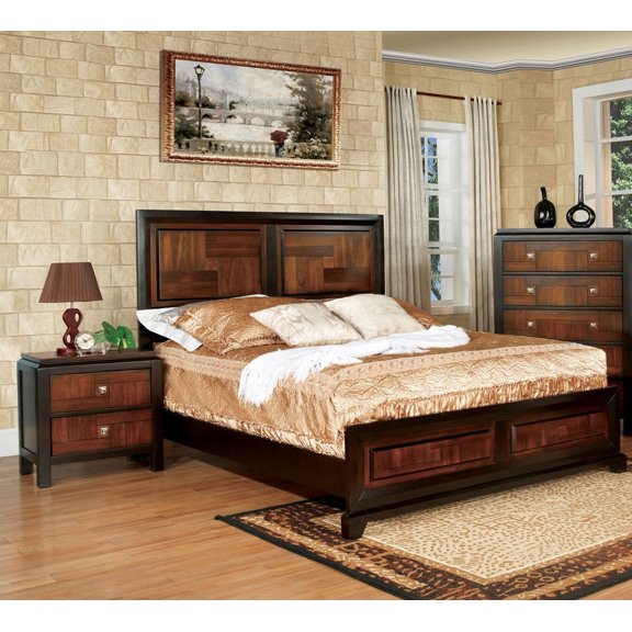 Walnut Acacia Finish Two Tone 3pc Master Bedroom Furniture Set Queen Size Bed 2x Nightstands Transitional Look Solid wood